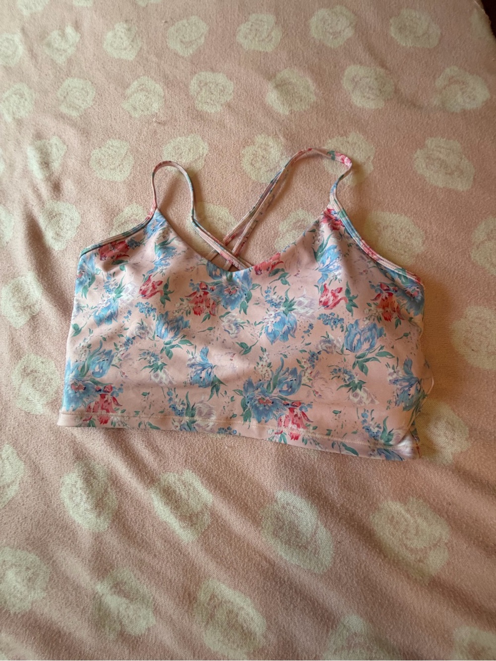 LoveShackFancy Pink Floral Satin Bralette with Blue and Coral Accents
